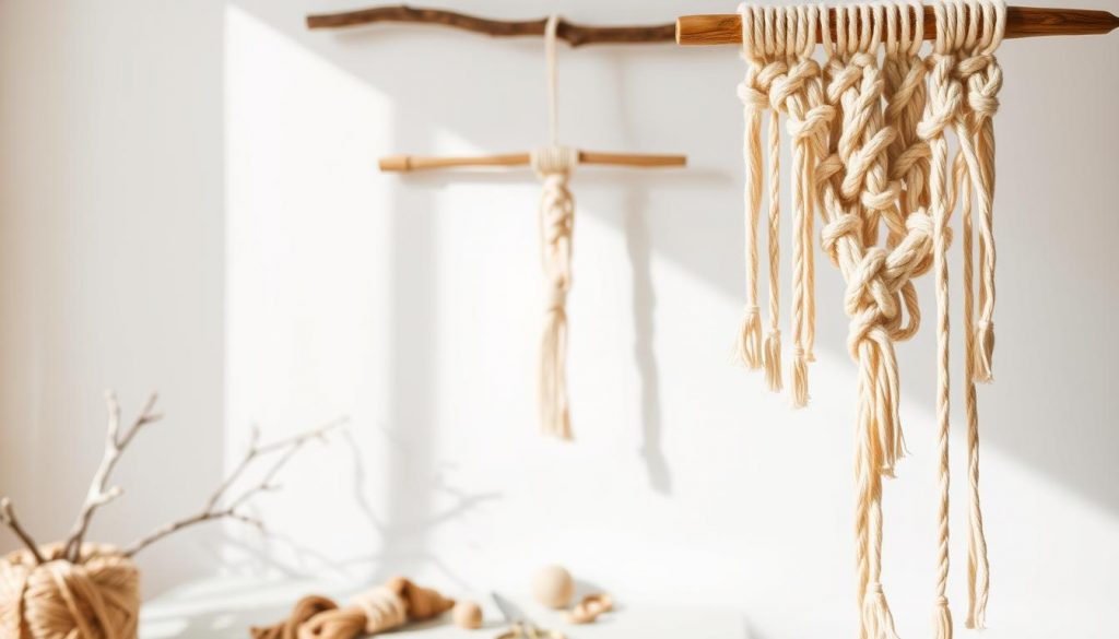 A cozy winter scene showcasing a DIY macrame wall hanging project. In the foreground, a soft beige macrame piece with intricate knots and loops cascades gracefully, its texture accentuated by warm natural lighting. In the middle ground, a wooden dowel or branch provides the structure, surrounded by an assortment of KlickKiste macrame-making supplies - cords in earthy tones, scissors, and other tools. The background features a simple, minimalist white wall, allowing the handcrafted piece to take center stage. An atmosphere of calm, tactile creativity permeates the scene, inviting the viewer to explore the step-by-step instructions for creating this beautiful macrame winter wall hanging.