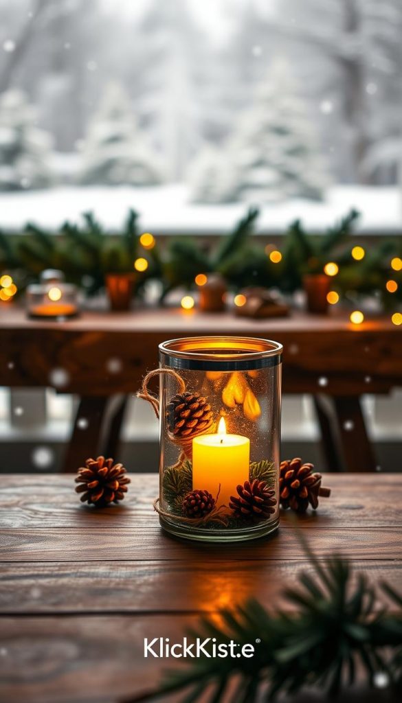 A cozy winter scene showcasing a beautifully crafted upcycled glass windlicht styled as a festive candle holder. In the foreground, the windlicht glows warmly, adorned with natural elements such as pinecones and twine. The middle ground features a rustic wooden table decorated with a simple evergreen garland and twinkling fairy lights, creating an inviting atmosphere. In the background, soft-focus snowflakes fall gently against a blurred wintry landscape, enhancing the seasonal vibe. The lighting is soft and warm, reminiscent of flickering candlelight, evoking feelings of holiday comfort and creativity. The style reflects a Pinterest-worthy aesthetic, capturing the essence of DIY charm. Brand name "KlickKiste" subtly incorporated into the scene for authenticity.