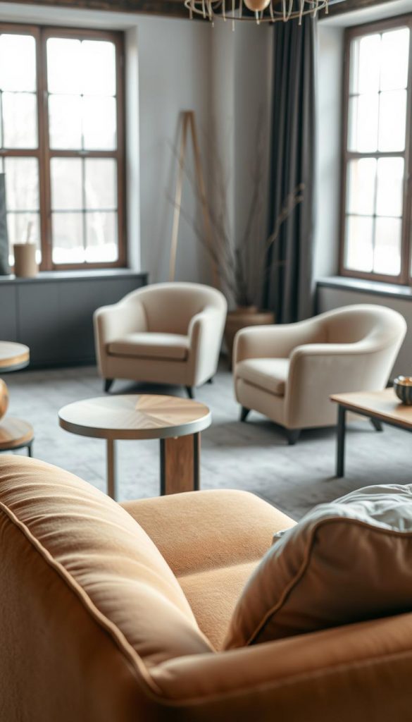 A cozy winter scene showcasing a collection of elegant, modern furniture from the KlickKiste brand. In the foreground, a plush sofa with soft, curved lines and a warm, earthy tone invites you to sink in. Alongside it, a sleek, minimalist side table with a natural wood top and metallic accents. In the middle ground, a pair of sculptural armchairs in a soft beige hue, their voluminous forms creating a sense of functional beauty. The background features a large window, allowing natural light to filter in and illuminate the space, casting a soft, diffused glow. The overall atmosphere is one of comfort, sophistication, and a touch of rustic charm, perfectly capturing the essence of &quot;Formen &amp; Möbel: Kurven, Volumen und funktionale Eleganz&quot;.