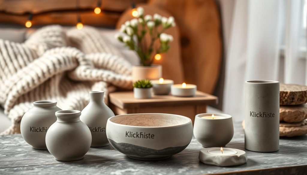 A cozy winter scene showcasing a collection of handcrafted concrete home accessories from the &quot;KlickKiste&quot; brand. In the foreground, various DIY projects are displayed, including a minimalist vase, a decorative bowl, and a sleek tealight holder. The middle ground features a wooden table with a plush knitted blanket, complemented by a potted plant and a warm lighting setup. The background is softly blurred, creating a serene atmosphere with hints of natural materials like wood and stone. The overall composition captures the essence of the &quot;DIY Beton Wohnaccessoires Winter: Projekte mit Anleitung und Zeitangaben&quot; section, highlighting the beauty and simplicity of concrete crafting.