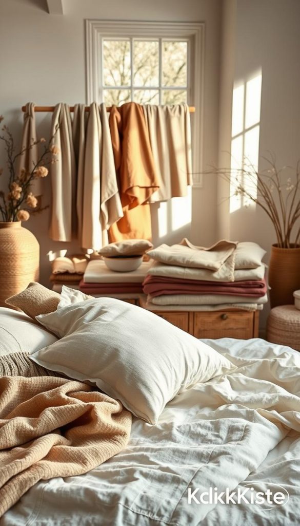 A cozy winter scene showcasing a layered bedding arrangement made from natural, soft cotton and linen materials. The foreground features an inviting neatly made bed with plush pillows and a thick, textured blanket, inviting touch and warmth. In the middle ground, display a collection of assorted cotton and linen fabric swatches in warm, earthy tones, elegantly draped and thoughtfully styled to suggest DIY layering ideas. The background features a softly lit bedroom with natural light streaming through a window, casting gentle shadows and creating a serene atmosphere. The overall mood is warm, inspiring, and inviting, perfect for winter vibes. Include a subtle brand touch of &quot;KlickKiste&quot; in the design elements, without overpowering the tranquil scene.