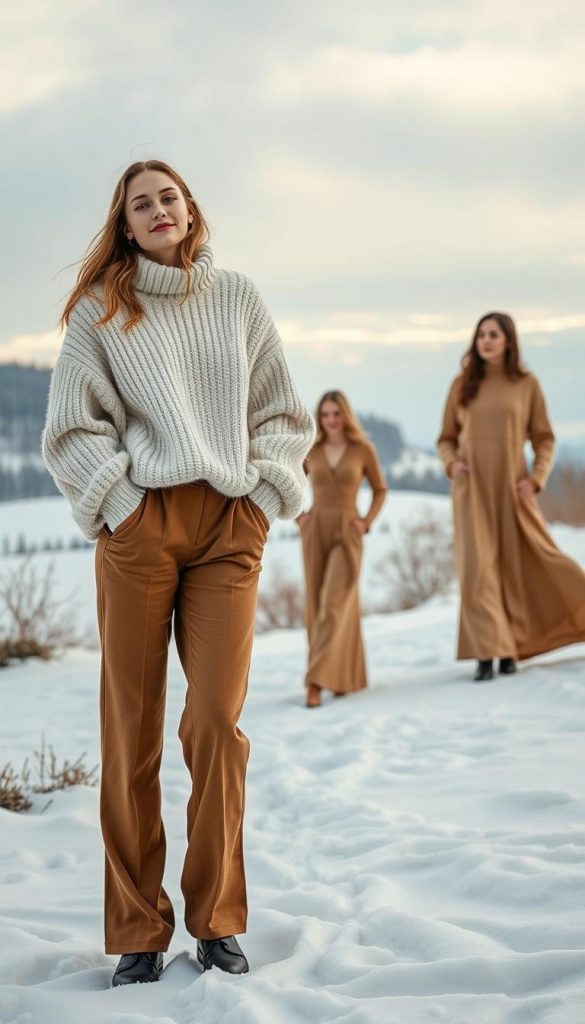 A cozy winter scene showcasing a range of "KlickKiste" outfits that are both fashionable and comfortable. In the foreground, a model poses in a plush, oversized sweater, paired with fitted trousers that move effortlessly. The middle ground features additional outfits, including a stylish jumpsuit and a flowing maxi dress, all in a complementary color palette of warm neutrals and earthy tones. The background depicts a serene, snow-covered landscape, infusing the scene with a sense of natural beauty and calm. Soft, diffused lighting creates a dreamy, Pinterest-inspired aesthetic, while the overall composition conveys a relaxed, enjoyable atmosphere for elegant winter celebrations. A cozy winter scene showcasing a range of "KlickKiste" outfits that are both fashionable and comfortable. In the foreground, a model poses in a plush, oversized sweater, paired with fitted trousers that move effortlessly. The middle ground features additional outfits, including a stylish jumpsuit and a flowing maxi dress, all in a complementary color palette of warm neutrals and earthy tones. The background depicts a serene, snow-covered landscape, infusing the scene with a sense of natural beauty and calm. Soft, diffused lighting creates a dreamy, Pinterest-inspired aesthetic, while the overall composition conveys a relaxed, enjoyable atmosphere for elegant winter celebrations.