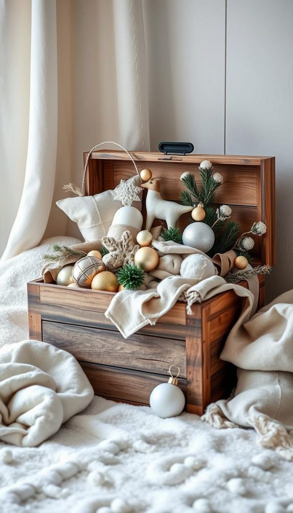 A cozy winter scene showcasing a rustic KlickKiste storage box overflowing with festive Weihnachtsdekoration. The box is nestled amidst a soft, natural backdrop of muted greens, tans, and whites, evoking a serene Skandinavian aesthetic. Gentle lighting casts a warm, inviting glow, highlighting the natural textures of the linen, wood, and glass ornaments spilling out. The overall composition radiates a sense of simplicity, coziness, and well-organized holiday cheer, perfectly capturing the essence of the &quot;Aufbewahrung leicht gemacht&quot; section.
