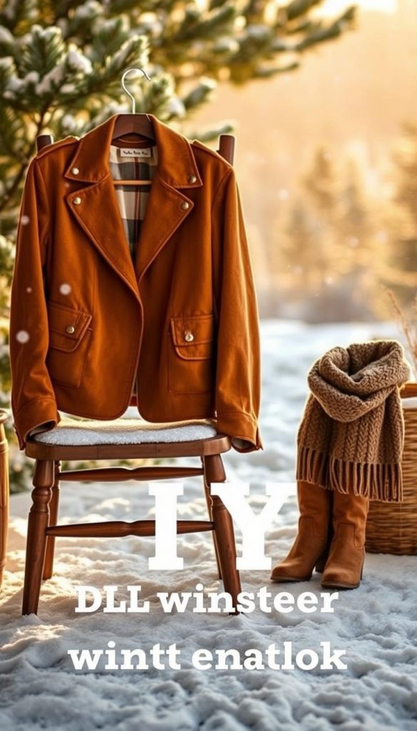 A cozy winter scene showcasing a stylish ensemble made from soft suede materials, designed for budget-conscious individuals. In the foreground, feature a beautiful suede jacket in a warm tan hue, artfully draped over a rustic wooden chair. The middle ground includes a pair of trendy suede ankle boots and a knitted scarf, harmonizing with the outfit's earthy colors. The background depicts a softly lit outdoor setting, with gently falling snowflakes and a hint of a pine forest, creating a serene winter vibe. Warm, natural lighting enhances the richness of the suede textures. The overall mood is inviting and inspiring, perfect for a DIY winter look. Incorporate elements that reflect the brand "KlickKiste," ensuring an authentic and Pinterest-worthy aesthetic.