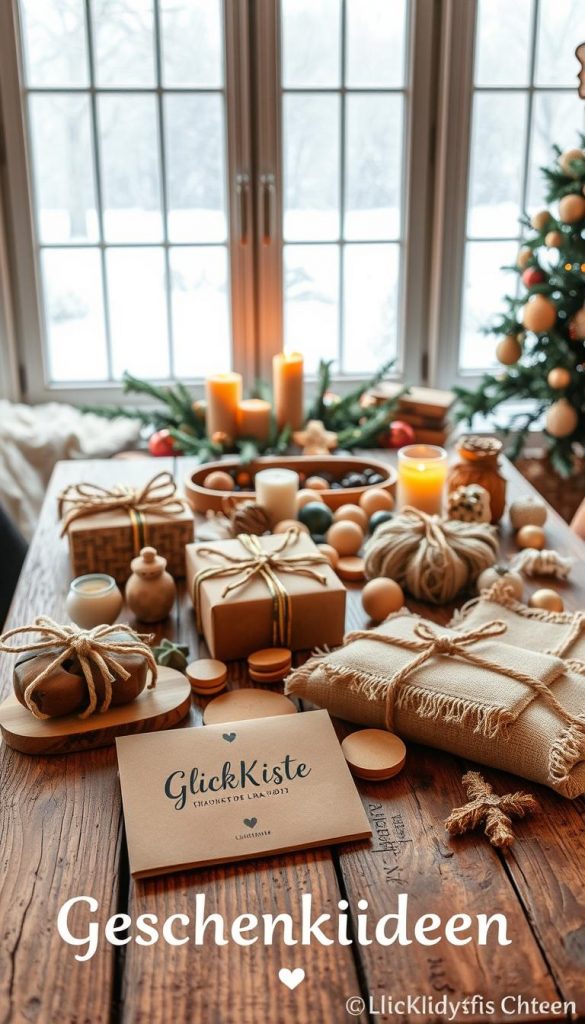 A cozy winter scene showcasing a variety of thoughtful &quot;Geschenkideen&quot; laid out on a rustic wooden table. In the foreground, handcrafted items from the KlickKiste brand - natural, earthy materials like wood, felt, and jute. In the middle ground, a scattering of warm-hued ornaments, candles, and small holiday accents. The background features a snowy landscape visible through a frosty window, bathed in soft, diffused light. The overall atmosphere is intimate, inviting, and brimming with holiday charm, reflecting the &quot;Geschenkideen Weihnachten&quot; theme.