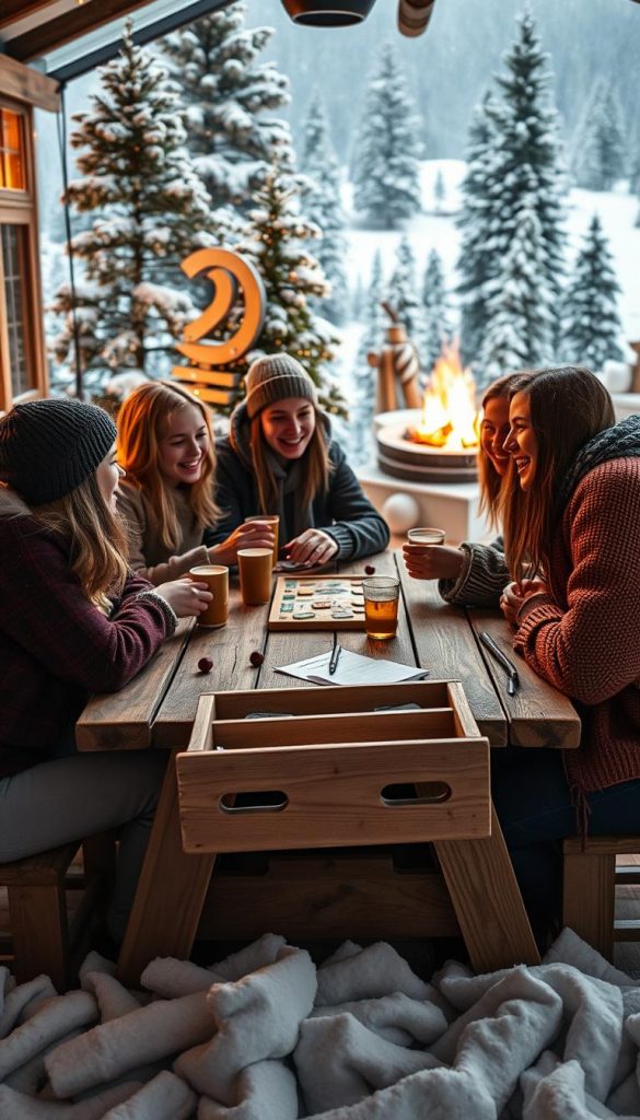A cozy winter scene showcasing an "Erlebnisgeschenk Zeit" experience. In the foreground, a group of teenagers gather around a rustic wooden table, their faces aglow with laughter as they enjoy a warm beverage and engage in a board game. The middle ground features a KlickKiste, a DIY craft project they have been working on, its natural materials and warm tones blending seamlessly with the overall aesthetic. In the background, a snow-dusted landscape with pine trees and a crackling fireplace sets a serene, inviting atmosphere. The lighting is soft and diffused, creating a sense of intimacy and togetherness. The overall mood is one of authentic, Pinterest-inspired coziness, where quality time spent together is the true gift. A cozy winter scene showcasing an "Erlebnisgeschenk Zeit" experience. In the foreground, a group of teenagers gather around a rustic wooden table, their faces aglow with laughter as they enjoy a warm beverage and engage in a board game. The middle ground features a KlickKiste, a DIY craft project they have been working on, its natural materials and warm tones blending seamlessly with the overall aesthetic. In the background, a snow-dusted landscape with pine trees and a crackling fireplace sets a serene, inviting atmosphere. The lighting is soft and diffused, creating a sense of intimacy and togetherness. The overall mood is one of authentic, Pinterest-inspired coziness, where quality time spent together is the true gift.