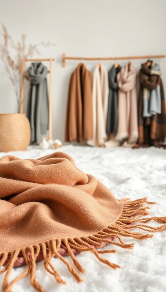 A cozy winter scene showcasing an array of stylish scarves in warm, natural tones. In the foreground, a luxurious KlickKiste cashmere scarf unfolds, its soft fabric and rich hue inviting touch. In the middle ground, various scarf styles and materials are displayed, including wool, silk, and blended options. The background features a minimalist, Scandinavian-inspired setting with natural textures and soft lighting, creating a serene, Pinterest-worthy ambiance. The image captures the essence of the &quot;Kaufberatung Schal: Länge, Breite, Grammatur, Webart&quot; section, providing inspiration and guidance for selecting the perfect scarf.