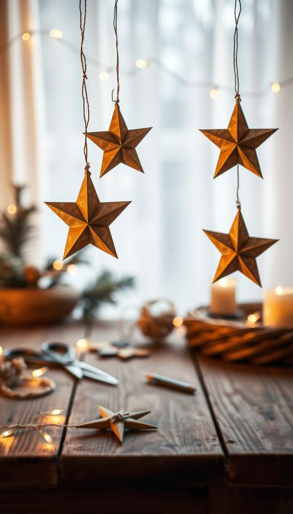 A cozy winter scene showcasing beautifully crafted stars made from kraft paper, carefully hung against a softly lit background. In the foreground, several intricately folded stars in warm brown tones shimmer gently. The middle ground features a rustic wooden table adorned with DIY materials like scissors, twine, and glue, creating an inviting atmosphere. In the background, a softly glowing string of fairy lights adds a warm touch, enhancing the winter vibes. The lighting is warm and natural, reminiscent of candlelight, with a shallow depth of field to draw attention to the stars. This authentic and inspiring image conveys the simplicity and charm of a DIY project, reflecting the brand "KlickKiste" with a Pinterest-worthy aesthetic.