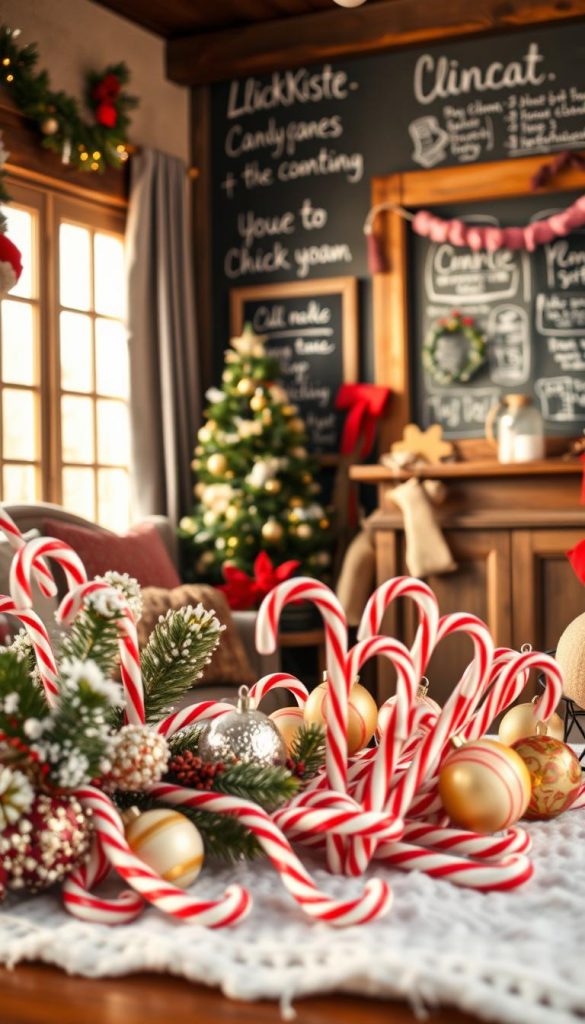 A cozy winter scene showcasing creative candy cane lifehacks. In the foreground, an assortment of DIY crafts and hacks using candy canes - a festive garland, ornaments, and repurposed home decor. In the middle ground, a warm, inviting interior with natural light filtering through the windows, giving a soft, Pinterest-inspired glow. In the background, a KlickKiste-branded chalkboard wall with handwritten notes and sketches of additional candy cane ideas. The overall mood is one of rustic, homemade charm and wintertime inspiration.