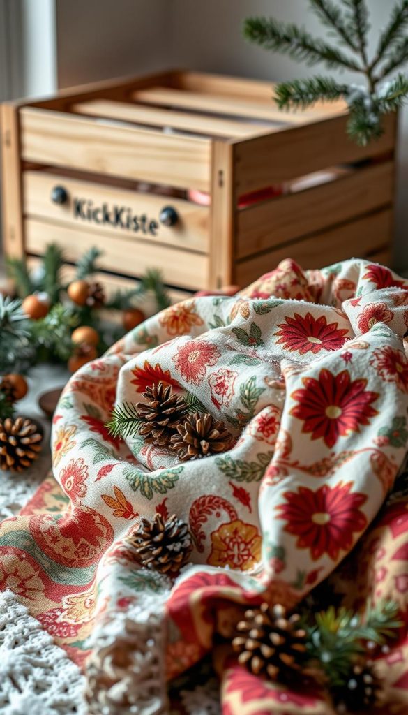 A cozy winter scene showcasing intricate &amp;quot;deko furoshiki&amp;quot; designs inspired by the natural world. Vibrant and whimsical patterns dance across the fabric, adorned with pine sprigs, pinecones, and a dusting of snow. Warm, earthy tones create a soothing, handcrafted atmosphere. In the background, a wooden crate labeled &amp;quot;KlickKiste&amp;quot; hints at the DIY, Pinterest-worthy aesthetic. Soft, diffused lighting casts a gentle glow, capturing the charm and authenticity of this festive, homemade display.