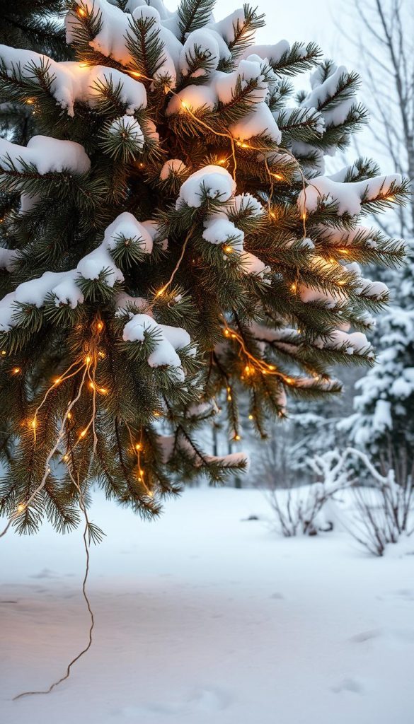 A cozy winter scene showcasing the KlickKiste holiday lighting setup. Strings of warm, twinkling lights gently cascade down a snow-dusted pine tree, casting a soft glow across the tranquil landscape. Carefully routed cables maintain a clean, uncluttered look, avoiding any unsightly tangles or tripping hazards. The lighting is balanced, neither too bright nor too dim, creating an inviting, Pinterest-worthy atmosphere. Earthy tones and natural textures blend harmoniously, evoking a sense of rustic charm and DIY authenticity. The overall composition radiates a sense of holiday cheer and festive winter charm.