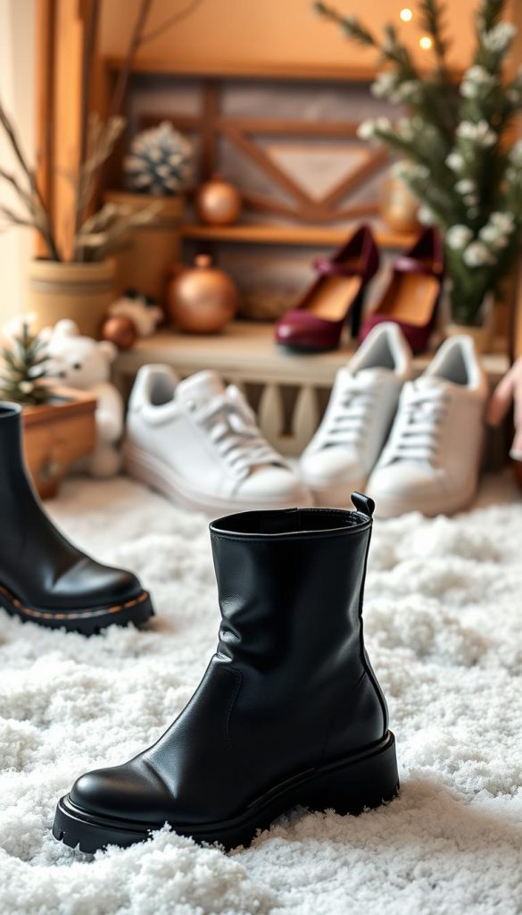 A cozy winter scene showcasing the latest shoe trends for the 2025/26 season. In the foreground, a pair of sleek black leather boots with chunky soles stand out against a plush, snow-covered ground. In the middle ground, a pair of retro-inspired white sneakers with subtle pops of color sit next to a pair of classic Mary Jane heels in a rich burgundy hue. The background features a softly blurred, winter-themed tableau, with a warm, natural palette and a touch of rustic charm. The lighting is soft and diffused, creating a welcoming, Pinterest-inspired atmosphere. This image captures the essence of winter style, blending function and fashion in a visually captivating way.