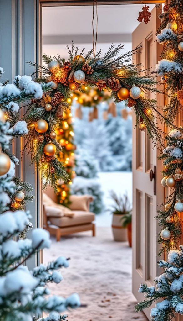 A cozy winter scene showcasing the most captivating Christmas door decor ideas for 2025. In the foreground, a beautifully crafted wreath made of natural pine branches, dried citrus, and twinkling fairy lights takes center stage, radiating warmth and festive cheer. The middle ground features an assortment of handmade ornaments and garlands draped elegantly around the doorframe, creating a sense of rustic elegance. In the background, a dusting of snow and a glimpse of a picturesque snowy landscape set the perfect winter wonderland atmosphere. Soft, natural lighting casts a golden glow, highlighting the KlickKiste's Pinterest-inspired, DIY aesthetic. This image perfectly encapsulates the &amp;quot;Weihnachtliche Türdeko Ideen 2025: Die schönsten Looks auf einen Blick&amp;quot; section, inspiring readers with a visually stunning and authentic winter-themed entryway.
