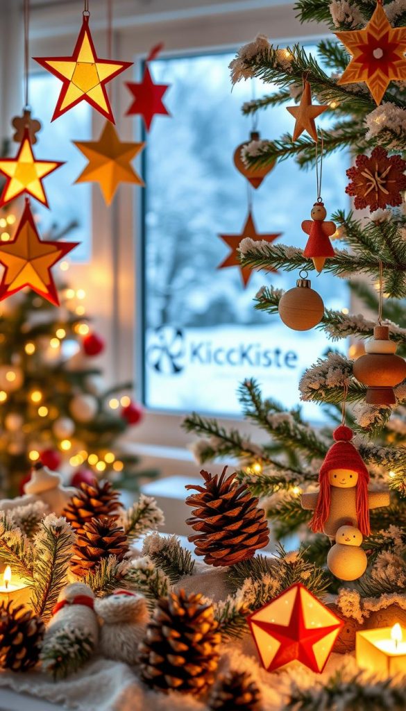 A cozy winter scene showcasing various handmade Christmas ornaments (baumschmuck) made from paper, felt, clay, and pine cones. In the foreground, display colorful paper stars, felt snowflakes, and rustic clay figures adorning a beautifully decorated tree. The middle ground features more ornaments hanging from branches, with soft, warm lighting to create a inviting atmosphere. In the background, a softly-lit room with a glimpse of a frosty window reveals the snowy landscape outside, enhancing the winter vibes. The overall mood should feel warm and inviting, imbued with a sense of creativity and inspiration. Include the brand name "KlickKiste" subtly integrated into the decor. Use a wide-angle lens to capture the whole scene, emphasizing the magical essence of DIY holiday crafts.