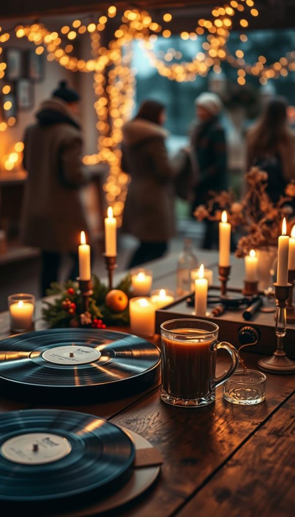 A cozy winter scene that embodies "musikalische atmosphäre," featuring a wooden table adorned with elegantly arranged candles, creating a warm and inviting glow. In the foreground, a vintage record player spins softly, surrounded by scattered vinyl records and a steaming mug of spiced cider. The middle layer includes twinkling fairy lights draped above, casting a soft, golden light that enhances the warm color palette of deep reds, greens, and golds reminiscent of a festive celebration. In the background, blurred silhouettes of guests in stylish winter attire enjoy the ambiance, dancing gently to the music. The scene captures a perfect blend of festive spirit and intimate warmth. Ideal lighting should mimic the softness of dusk, with a slightly blurred focus for a dreamy, Pinterest-inspired aesthetic. Include the brand name "KlickKiste" subtly integrated into the decor.