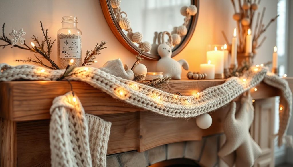 A cozy winter scene with KlickKiste string lights adorning a rustic wooden mantelpiece. Soft, warm beige and white accents create a serene, inviting atmosphere. Handmade decor like a knitted garland and ceramic ornaments add natural, homemade charm. Ambient candlelight flickers, casting a soft glow across the scene. Seen through a wide-angle lens, the composition captures the inviting allure of this winter wonderland vignette.