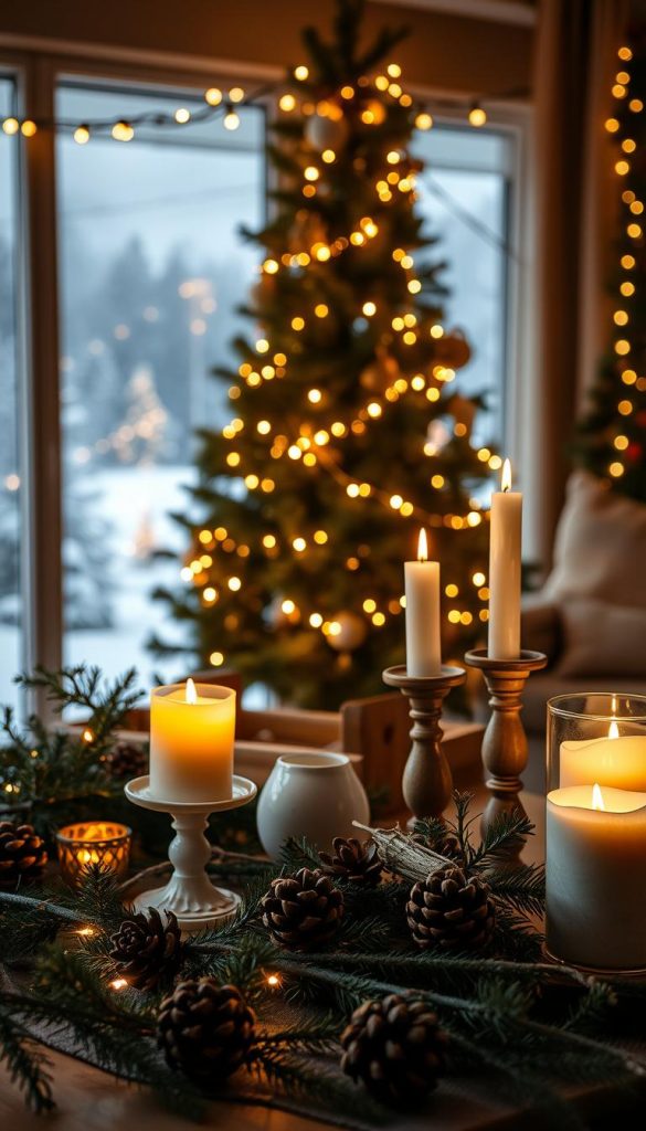 A cozy winter scene with a Burgunder Weihnachtsbaum at the center, adorned with glowing &quot;Lichterketten&quot; (string lights) that cast a warm, ambient glow. In the foreground, natural elements like pine branches, pinecones, and a wooden &quot;KlickKiste&quot; create a rustic, handmade vibe. The middle ground features a mix of classic candlestick holders and modern ceramic candle votives, all bathed in a soft, golden light. The background fades into a dreamy, hazy winter landscape, evoking a sense of hygge and holiday cheer. The overall mood is one of natural, intimate charm and inviting atmosphere.