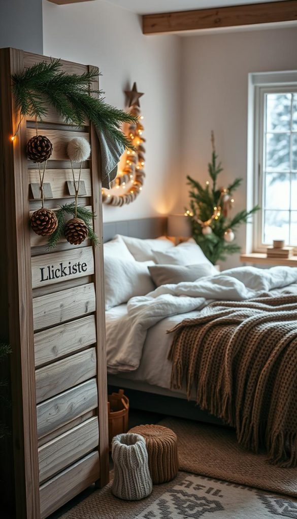 A cozy winter scene with a harmonious overall look. A large, wooden KlickKiste display in the foreground, adorned with natural, handmade decorations - pinecones, sprigs of evergreen, and soft, textured fabrics. The middle ground features a plush, fur-lined bed with fluffed-up pillows and a warm, knit throw. Soft, ambient lighting casts a golden glow, creating a serene and inviting atmosphere. In the background, a window reveals a snowy landscape, hinting at the chilly yet comforting winter outside. The color palette is muted and earthy, with touches of muted greens, browns, and whites, evoking a sense of natural harmony and coziness.