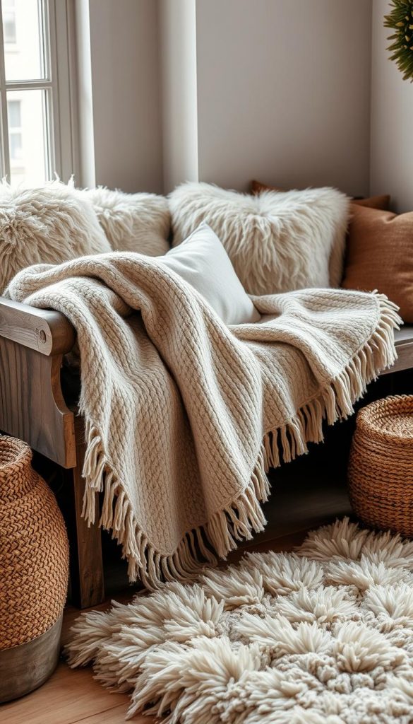 A cozy winter scene with a plush KlickKiste throw blanket draped over a weathered wooden bench, surrounded by a collection of fluffy pillows and a thick, luxurious rug. The warm, muted tones create a serene, inviting ambiance, while the natural textures and materials evoke a sense of rustic charm. Soft, diffused lighting from a nearby window casts a gentle glow, enhancing the overall atmosphere of hygge and relaxation. The image radiates a feeling of comfort and coziness, perfectly capturing the essence of a cozy, winter-inspired living room.