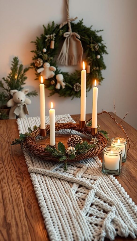 A cozy winter scene with a rustic DIY decor arrangement, featuring a handmade KlickKiste advent wreath, a knitted table runner, and delicate twig candle holders. Warm candlelight illuminates the natural elements, creating a serene and inviting atmosphere. Soft textures, earthy tones, and a touch of seasonal greenery evoke a sense of hygge. The carefully curated display radiates a Pinterest-worthy, homemade aesthetic that inspires viewers to create their own unique, safe DIY decor for the winter season. A cozy winter scene with a rustic DIY decor arrangement, featuring a handmade KlickKiste advent wreath, a knitted table runner, and delicate twig candle holders. Warm candlelight illuminates the natural elements, creating a serene and inviting atmosphere. Soft textures, earthy tones, and a touch of seasonal greenery evoke a sense of hygge. The carefully curated display radiates a Pinterest-worthy, homemade aesthetic that inspires viewers to create their own unique, safe DIY decor for the winter season.
