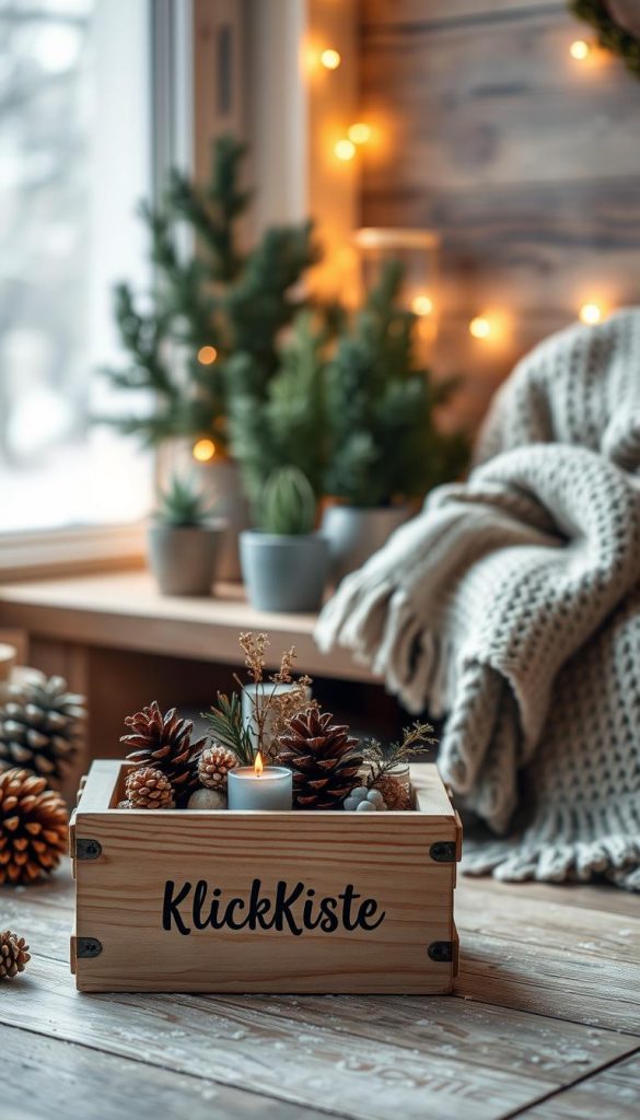 A cozy winter scene with a rustic aesthetic, featuring natural materials and a touch of DIY charm. In the foreground, a handcrafted wooden box labeled &quot;KlickKiste&quot; displays a small arrangement of pinecones, dried flowers, and a single flickering candle. The middle ground showcases a cluster of potted evergreen plants and a plush, textured throw blanket draped over a wooden bench. The background is softly illuminated by warm, glowing light, evoking a sense of hygge and winter tranquility. Soft, diffused focus creates a dreamlike, Pinterest-inspired atmosphere.