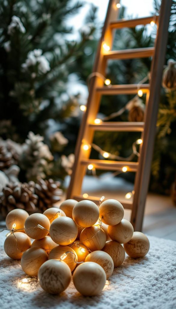 A cozy winter scene with a rustic charm. In the foreground, a cluster of smooth, natural-colored wooden spheres, delicately arranged with soft, glowing fairy lights winding through them. The middle ground features a simple, weathered wooden ladder, its rungs adorned with more twinkling lights, casting a warm, inviting glow. In the background, a backdrop of lush, evergreen foliage, hinting at a peaceful, wintry landscape. The lighting is soft and diffused, creating a serene, intimate atmosphere. The overall composition evokes a sense of simple, handmade elegance, perfect for a festive, nature-inspired wall display.