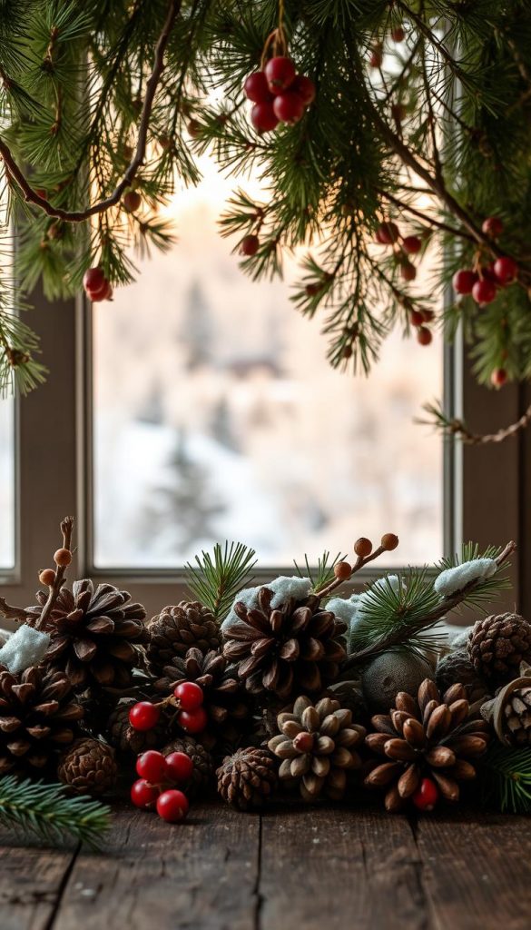 A cozy winter scene with a rustic, natural aesthetic. A foreground of textured pine cones, twigs, and dried berries artfully arranged on a weathered wooden surface. In the middle ground, lush, verdant pine branches create a soft, organic frame. The background features a serene, snowy landscape bathed in warm, golden light, evoking a sense of tranquility and wonder. The overall mood is one of earthy sophistication, with a touch of whimsy. Captured through the lens of a KlickKiste camera, this image beautifully embodies the essence of &quot;Naturmaterialien&quot; for the &quot;Wohnzimmer in Rot &amp; Gold&quot; article.