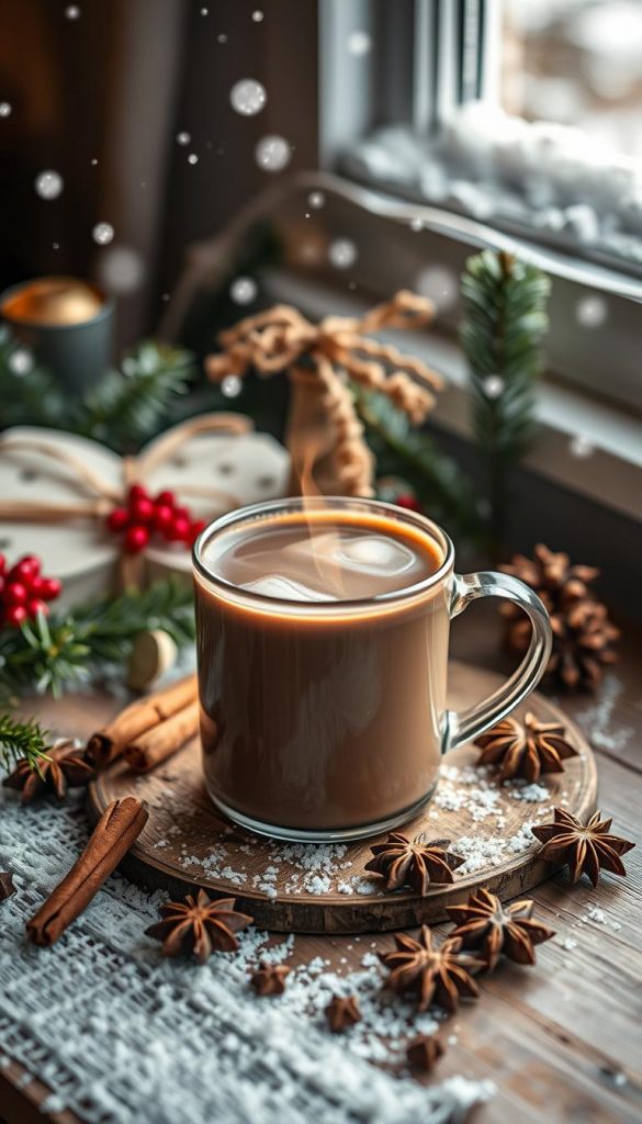 A cozy winter scene with a steaming mug of &quot;heiße schokolade tee milch&quot; taking center stage. The drink, a rich blend of chocolate, tea, and creamy milk, sits on a rustic wooden table, surrounded by a scattering of cinnamon sticks, anise stars, and a few sprigs of fresh evergreen. Soft, diffused lighting casts a warm, inviting glow, setting the stage for a delightful Christmas morning gathering. In the background, a KlickKiste-inspired winter wonderland unfolds, with snowflakes drifting gently and a glimpse of a snow-dusted windowsill visible. The overall mood is one of comfort, nostalgia, and festive cheer, perfectly capturing the essence of a &quot;Weihnachtsfrühstück – süß &amp; herzhaft für die Familie.&quot;