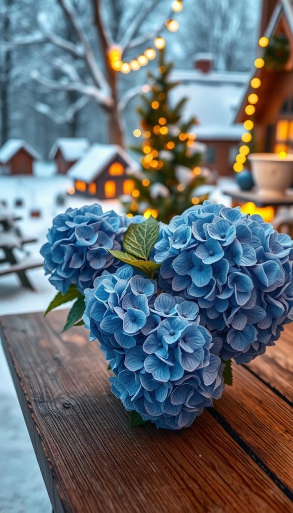 A cozy winter scene with a table adorned with vibrant blue Christmas hydrangeas, nestled in a rustic KlickKiste mini-village. Soft, warm lighting casts a magical glow, while a snow-dusted landscape provides a serene backdrop. The hydrangeas' lush petals and delicate details are captured in crisp focus, complemented by the weathered wood of the tabletop. This enchanting tableau exudes a sense of holiday charm and natural beauty, perfect for evoking feelings of happiness and comfort.