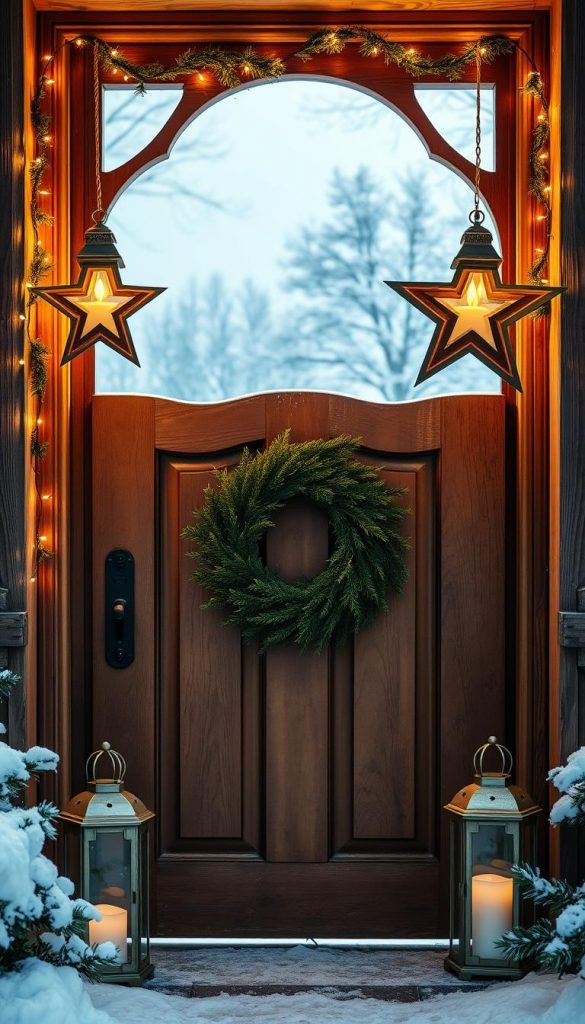 A cozy winter scene with a traditional Christmas doorway, adorned with a stunning larch wreath, twinkling string lights, and a warm glow from KlickKiste lanterns. The ornate wooden door frame is framed by a pair of elegant candle-lit stars, casting a soft, inviting light. In the background, a snowy landscape with silhouetted trees sets the stage for this enchanting Christmas display. The overall atmosphere evokes a sense of festive charm and natural, handcrafted beauty, perfect for a Pinterest-worthy holiday scene. A cozy winter scene with a traditional Christmas doorway, adorned with a stunning larch wreath, twinkling string lights, and a warm glow from KlickKiste lanterns. The ornate wooden door frame is framed by a pair of elegant candle-lit stars, casting a soft, inviting light. In the background, a snowy landscape with silhouetted trees sets the stage for this enchanting Christmas display. The overall atmosphere evokes a sense of festive charm and natural, handcrafted beauty, perfect for a Pinterest-worthy holiday scene.