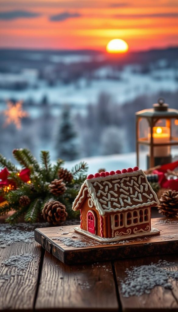 A cozy winter scene with a vibrant palette of crimson, forest green, and glimmering gold. In the foreground, a handcrafted gingerbread house rests on a rustic wooden table, its intricate details accentuated by warm, soft lighting. The middle ground features an arrangement of natural elements like pine branches, pinecones, and a sprinkling of snow, creating a serene and inviting atmosphere. In the background, a panoramic view of a snow-dusted landscape, with the rich hues of the setting sun casting a magical glow over the entire composition. The overall aesthetic conveys a sense of nostalgia, comfort, and a touch of whimsy, perfectly capturing the essence of the article's section on "Farb- und Materialwelten: Rot-Grün, Gold, Silber und Natur".