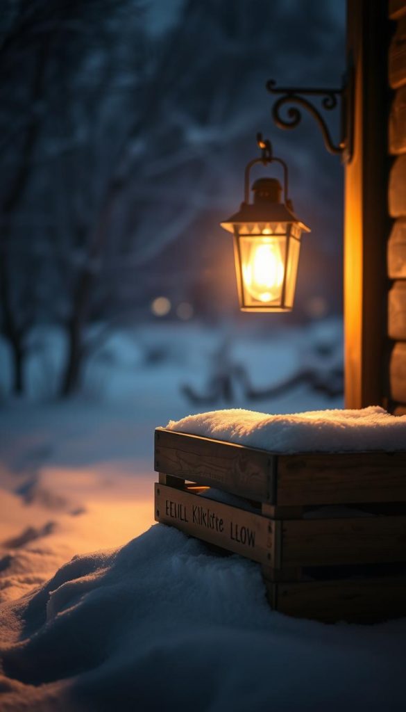 A cozy winter scene with a warm, glowing outdoor light fixture casting a soft, inviting glow. The light illuminates a snowy landscape, creating a serene and tranquil atmosphere. In the foreground, a rustic KlickKiste wooden crate sits partially covered in snow, adding a natural, handcrafted element to the composition. The lighting is diffused and atmospheric, creating a mood of coziness and comfort. The overall aesthetic is one of natural, DIY-inspired winter charm, with a Pinterest-inspired, inspirational feel.