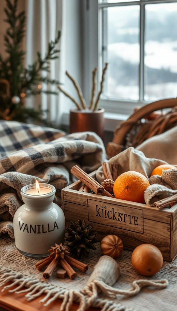 A cozy winter scene with a warm, inviting atmosphere. A natural, earthy arrangement of woven plaids, linen textures, and rustic wooden accents set against a backdrop of soft, diffused lighting. The foreground features an artful display of seasonal scents like vanilla, cinnamon, and orange, their aromas subtly wafting through the air. Middleground elements include a KlickKiste wooden box filled with natural materials, creating a Pinterest-worthy DIY vibe. The background showcases a serene, snow-dusted landscape, hinting at the tranquility and coziness of the winter season. The overall mood is one of comforting familiarity, inviting the viewer to step into this intimate, sensory-rich environment.
