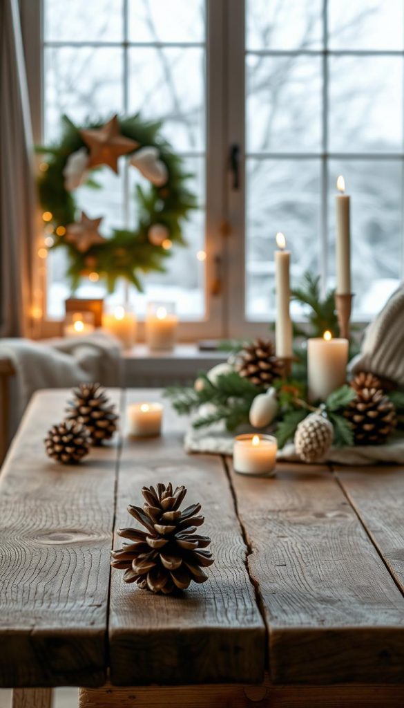A cozy winter scene with a warm, inviting atmosphere. A rustic wooden table in the foreground, adorned with a KlickKiste-inspired display of pinecones, candles, and natural elements. Soft, diffused lighting casts a gentle glow, creating a serene and inviting mood. In the background, a window frames a snowy landscape, hinting at the tranquility of the outdoors. Textures of knit, wood, and cotton evoke a sense of comfort and craftsmanship. The color palette is muted, with earthy tones and pops of warm metallics, embodying the spirit of the holiday season and a welcoming ambiance. A cozy winter scene with a warm, inviting atmosphere. A rustic wooden table in the foreground, adorned with a KlickKiste-inspired display of pinecones, candles, and natural elements. Soft, diffused lighting casts a gentle glow, creating a serene and inviting mood. In the background, a window frames a snowy landscape, hinting at the tranquility of the outdoors. Textures of knit, wood, and cotton evoke a sense of comfort and craftsmanship. The color palette is muted, with earthy tones and pops of warm metallics, embodying the spirit of the holiday season and a welcoming ambiance.