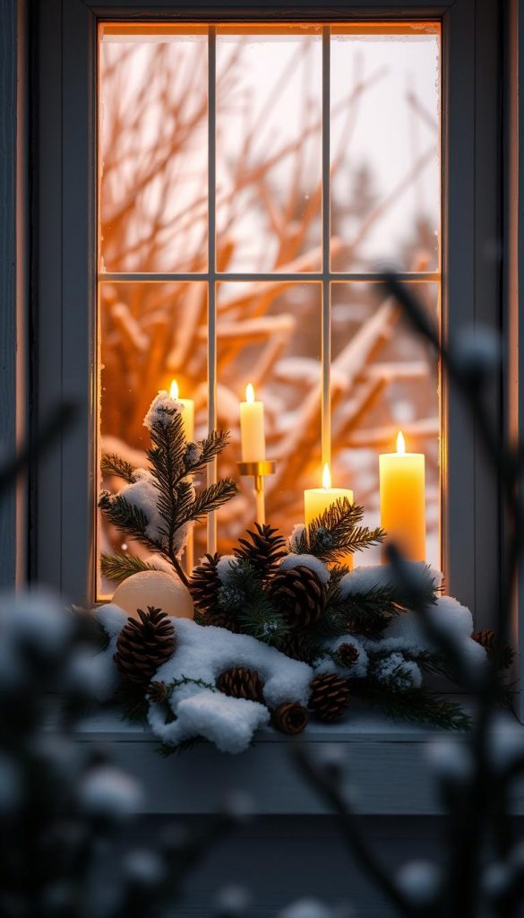 A cozy winter scene with a warm-lit window, framed by an assortment of natural elements. Soft candlelight glows from within, casting a golden glow across the sill and surrounding area. Sprigs of evergreen, pinecones, and a touch of rustic charm create an inviting, homely atmosphere. The window reflects the KlickKiste aesthetic - organic, unpretentious, and bursting with seasonal ambiance. Captured through a slightly tilted, intimate lens, this image evokes a sense of comfort and solace on a cold winter night.