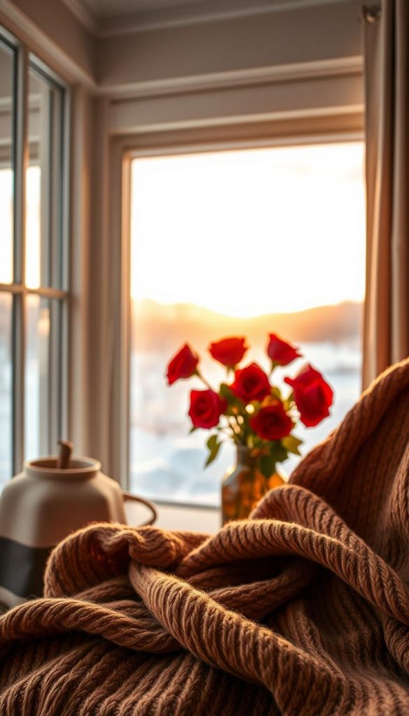 A cozy winter scene with a warm palette of earthy tones. In the foreground, a knit sweater in a rich caramel hue lays draped over a chair, inviting touch and comfort. The middle ground features a vase of vibrant red roses, their petals softly illuminated by natural light filtering through a window. In the background, a serene tableau unfolds – a snowy landscape under a golden-hour sky, with hints of greige and butterscotch hues blending seamlessly. The mood is one of understated elegance, a sense of hygge and timeless style.