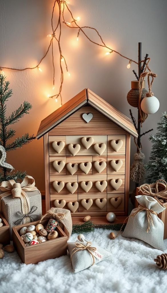 A cozy winter scene with an assortment of handcrafted Adventskalender in natural materials like wood, burlap, and twine. A KlickKiste wooden calendar box takes center stage, surrounded by smaller fabric-wrapped boxes, festive string garlands, and decorative pouches filled with treats. Soft, warm lighting casts a glow over the rustic, Pinterest-inspired tableau, creating a charming, homemade atmosphere. The image exudes a sense of hygge, with muted tones and a textured, artisanal aesthetic.