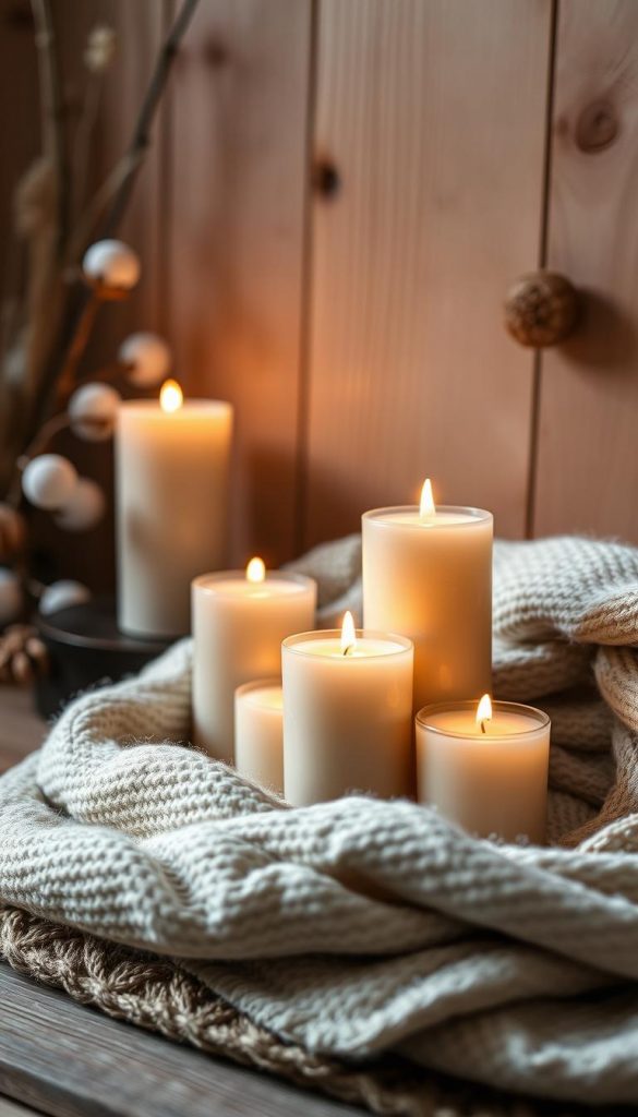 A cozy winter scene with an intimate layered display of natural KlickKiste candles, flickering softly against a backdrop of warm wooden tones and soft natural textures. The candles are arranged in a visually pleasing, artful manner, creating depth and a sense of coziness. Gentle shadows and highlights accentuate the layering, while the overall lighting is soft and inviting, evoking a serene, hygge-inspired atmosphere. The camera angle is slightly elevated, capturing the full visual depth of the composition. This image embodies the essence of &quot;Kerzen-Layering&quot; - a simple yet impactful DIY decor idea to bring warmth and ambiance to any indoor space.