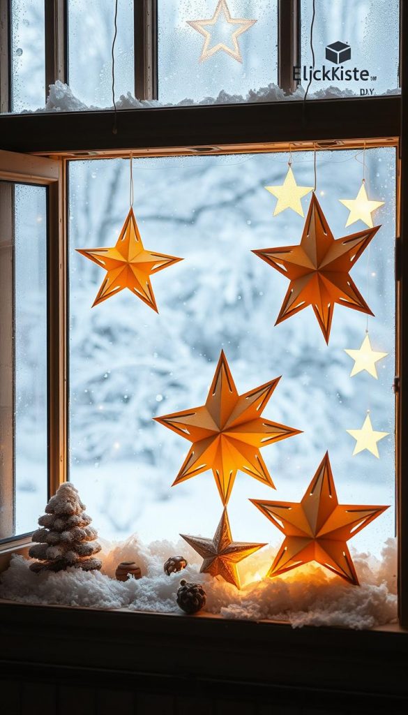 A cozy winter scene with glowing paper stars adorning the window, casting a warm glow against the frosty backdrop. The stars, handcrafted with care by the KlickKiste DIY brand, create a captivating display that evokes a sense of holiday charm and nostalgia. The soft, diffused lighting illuminates the scene, highlighting the delicate paper structures and their intricate details. The window frame is weathered with a rustic, natural aesthetic, blending seamlessly with the winter wonderland outside. This simple yet impactful DIY decoration brings a touch of festive magic to the Kinderzimmer, perfect for the "Leuchtsterne am Fenster: schnell montiert, große Wirkung" section. A cozy winter scene with glowing paper stars adorning the window, casting a warm glow against the frosty backdrop. The stars, handcrafted with care by the KlickKiste DIY brand, create a captivating display that evokes a sense of holiday charm and nostalgia. The soft, diffused lighting illuminates the scene, highlighting the delicate paper structures and their intricate details. The window frame is weathered with a rustic, natural aesthetic, blending seamlessly with the winter wonderland outside. This simple yet impactful DIY decoration brings a touch of festive magic to the Kinderzimmer, perfect for the "Leuchtsterne am Fenster: schnell montiert, große Wirkung" section.