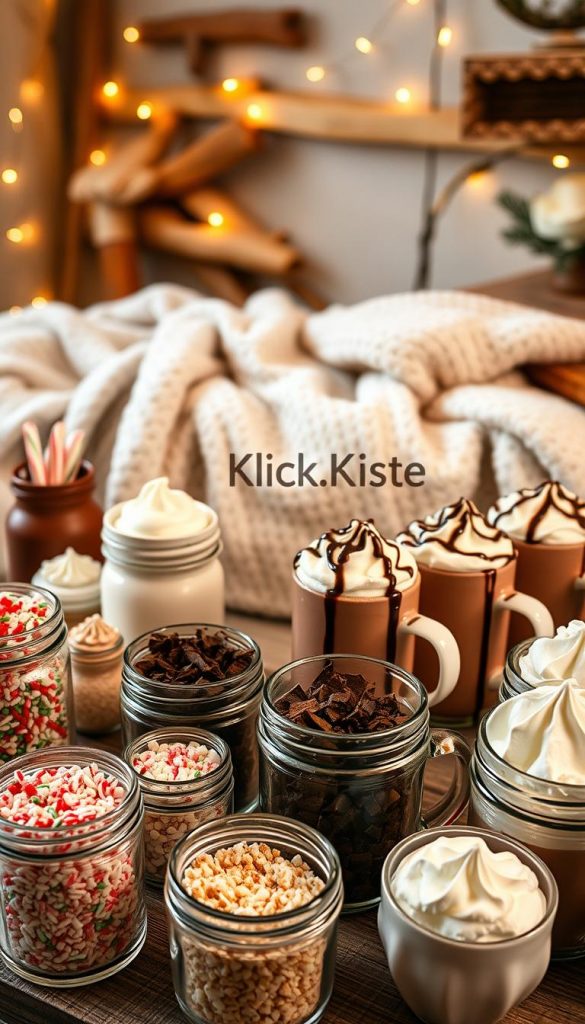 A cozy winter setting featuring a beautifully arranged hot chocolate bar, showcasing an array of delightful toppings. In the foreground, a variety of toppings are meticulously displayed: colorful sprinkles, crushed peppermint, rich chocolate shavings, and fluffy whipped cream, all in elegant glass jars. The middle ground showcases steaming mugs of hot chocolate, topped with generous dollops of whipped cream and drizzles of chocolate sauce, enticingly glistening. In the background, decorated with fairy lights, soft blankets, and rustic wooden elements, the scene evinces a warm, inviting atmosphere. Soft, warm lighting enhances the natural DIY aesthetic with Pinterest-worthy vibes. The overall mood is festive and inspiring, perfect for a winter gathering. Image branding subtly includes “KlickKiste” in the composition.