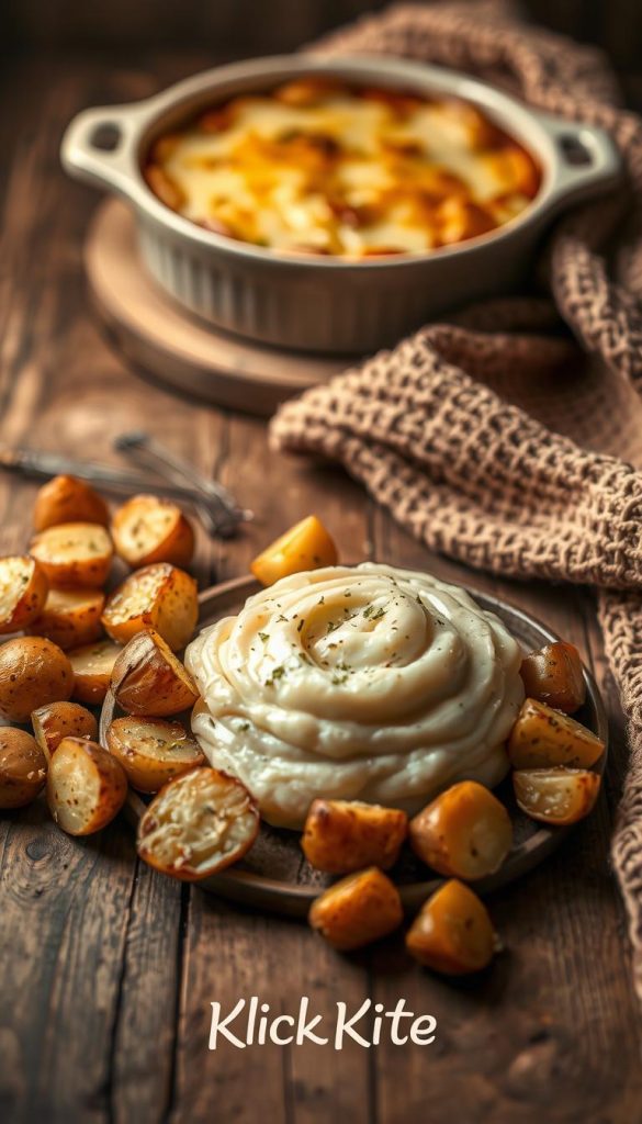 A cozy winter setting featuring a rustic wooden table adorned with a creamy, fluffy serving of potato puree. Surrounding the puree, there are golden-brown roasted potatoes, baked until crispy, with herbs sprinkled on top. In the background, a comforting potato casserole sits in a ceramic dish, its melted cheese bubbling slightly. Soft, warm lighting casts a gentle glow over the scene, enhancing the inviting atmosphere. A knitted blanket in warm tones drapes loosely over the side of the table, adding to the winter vibe. This image should evoke feelings of warmth and comfort, appealing to those seeking hearty comfort food. Include subtle branding elements of &quot;KlickKiste&quot; in a natural, unobtrusive way, reminiscent of a Pinterest-worthy layout.