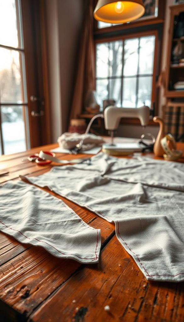A cozy winter sewing scene with warm, natural lighting. In the foreground, carefully marked fabric pieces with detailed notches, seam allowances, and cutting lines are laid out on a rustic wooden surface. In the middle ground, sewing tools and supplies, such as scissors, pins, and a tape measure, are neatly arranged. The background features a soft, blurred winter landscape visible through a large window, creating a serene, inspirational atmosphere. The overall mood is inviting, tactile, and showcases the craft of garment sewing in a visually appealing, Pinterest-worthy style.