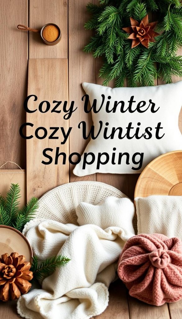 A cozy winter shopping list with rustic charm and a touch of glamour. Warm wood textures, brass accents, and natural greenery set the scene for a curated KlickKiste collection of holiday decor essentials. Soft lighting highlights the textural details, creating a Pinterest-worthy, atmospheric vibe. Arrange the items in a natural, styled composition with a sense of balance and harmony. Capture the essence of simple, photogenic winter decorating on a modest budget.