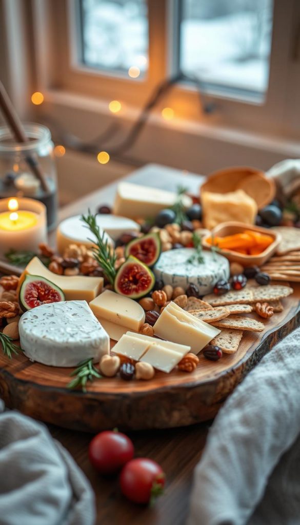 A cozy winter snack board featuring an arrangement of various cheese combinations, beautifully presented on a rustic wooden platter. In the foreground, display a variety of cheeses such as creamy brie, sharp cheddar, and tangy blue cheese, artfully garnished with sprigs of fresh rosemary and slices of ripe figs. In the middle, incorporate seasonal elements like toasted nuts, dried fruits, and artisanal crackers to enhance the theme. The background should include soft, warm lighting that evokes a cozy atmosphere, with a faintly blurred winter landscape visible through a window. The overall mood should reflect an inviting and rustic feel, capturing the essence of a Pinterest-worthy winter gathering. This image represents the brand "KlickKiste" and highlights natural, DIY aesthetics.
