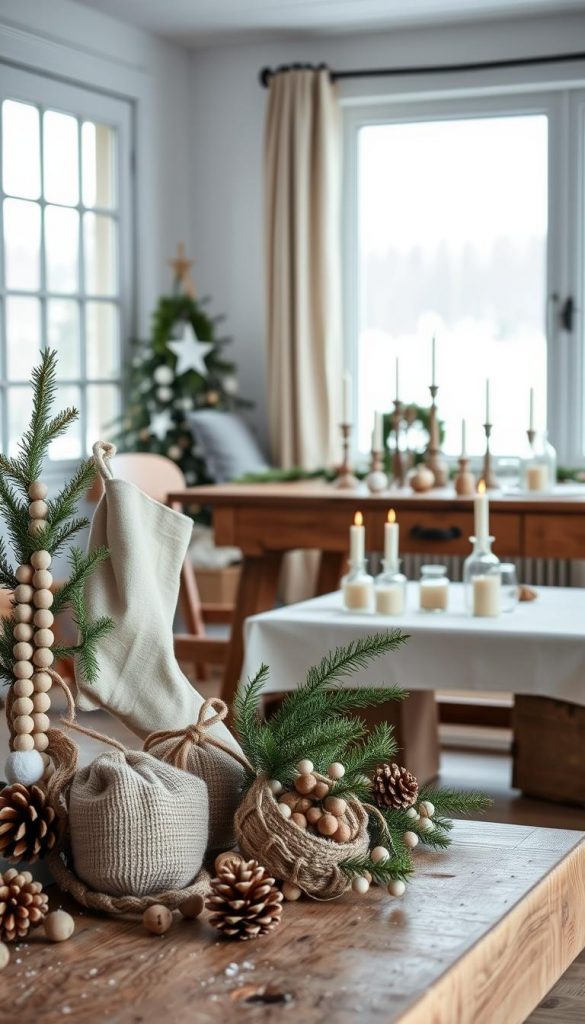 A cozy winter still life, showcasing a selection of Scandinavian-inspired Christmas decorations for the home. In the foreground, an array of natural, handcrafted ornaments such as wooden bead garlands, linen stockings, and pinecone accents. The middle ground features a rustic wooden table, adorned with a simple white tablecloth and a collection of candlesticks, small glass vases, and a minimalist wreath. The background depicts a serene, snow-covered landscape visible through a large window, bathed in soft, diffused natural light. The overall mood is one of tranquility, warmth, and a touch of festive cheer. Captured with a KlickKiste aesthetic - authentic, inspiring, and Pinterest-worthy.