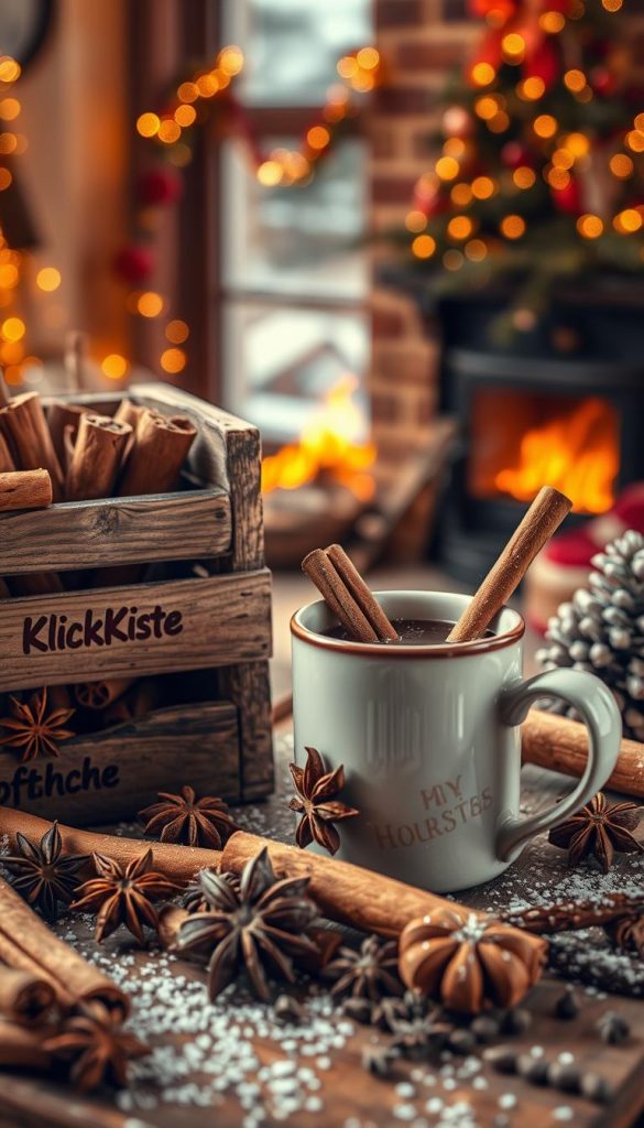 A cozy winter still life showcasing an assortment of warm, aromatic spices. In the foreground, a rustic wooden crate labeled "KlickKiste" displays a variety of whole cinnamon sticks, star anise, and cloves. The middle ground features a steaming mug of mulled wine or hot chocolate, garnished with a cinnamon stick and a sprinkling of powdered sugar. In the background, a festive holiday scene with a twinkling Christmas tree and a softly glowing fireplace creates a inviting, hygge-inspired atmosphere. Warm, natural lighting casts a golden glow across the scene, emphasizing the rich textures and earthy tones. The overall mood is one of comforting winter indulgence and DIY Pinterest-inspired charm. A cozy winter still life showcasing an assortment of warm, aromatic spices. In the foreground, a rustic wooden crate labeled "KlickKiste" displays a variety of whole cinnamon sticks, star anise, and cloves. The middle ground features a steaming mug of mulled wine or hot chocolate, garnished with a cinnamon stick and a sprinkling of powdered sugar. In the background, a festive holiday scene with a twinkling Christmas tree and a softly glowing fireplace creates a inviting, hygge-inspired atmosphere. Warm, natural lighting casts a golden glow across the scene, emphasizing the rich textures and earthy tones. The overall mood is one of comforting winter indulgence and DIY Pinterest-inspired charm.