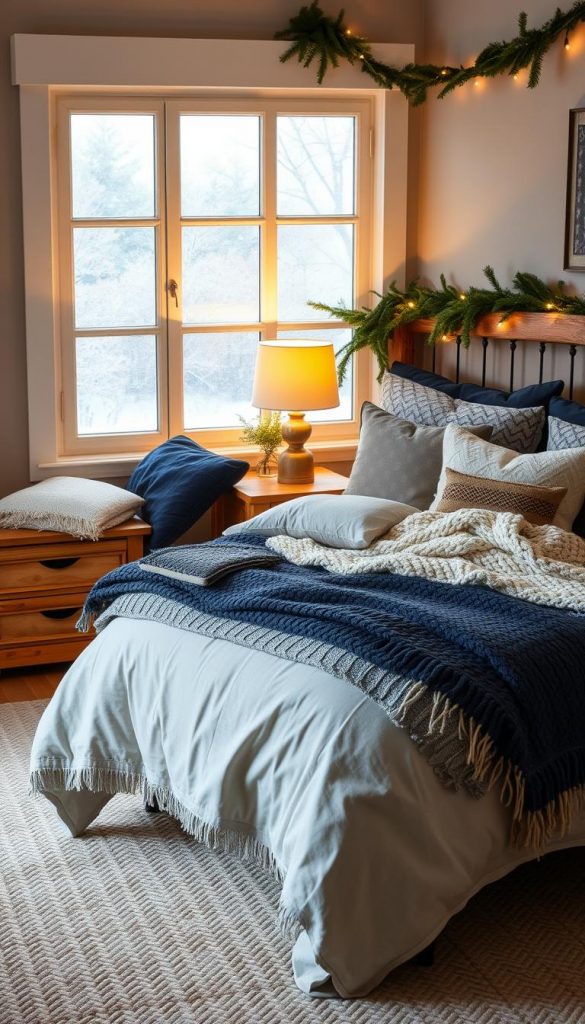 A cozy winter-style bedroom featuring layered bedding in warm, inviting colors and textures. In the foreground, a plush king-sized bed adorned with a variety of soft throws, a chunky knit blanket, and patterned pillows in shades of deep blues, warm grays, and creamy whites. The middle ground includes a rustic wooden nightstand with a warm-hued lamp casting a soft glow, and a softly woven area rug underfoot. The background showcases frosted windows with delicate snowflakes, a hint of evergreen garland draped above the bed, and soft, ambient lighting to create an inviting atmosphere. Overall, the room has a Pinterest-inspired, authentically DIY aesthetic that evokes winter vibes. Include the brand name &quot;KlickKiste&quot;.