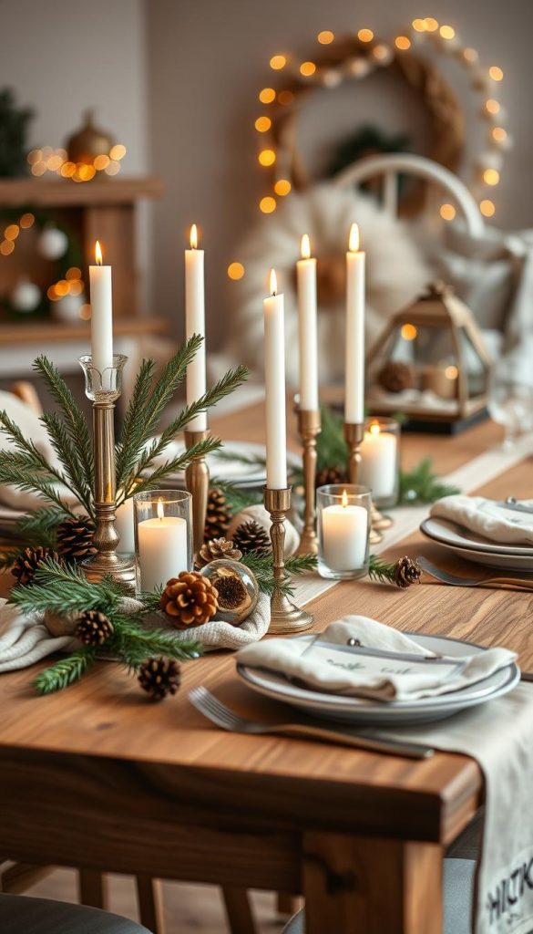 A cozy winter table setting, featuring a natural aesthetic with a focus on simplicity. In the foreground, a wooden table adorned with soft beige and cream table linens. Elegant, tall glass candle holders with flickering candles cast a warm glow. Sprigs of evergreen and pine cones are artfully arranged among rustic decorations, creating an inviting atmosphere. In the middle ground, enhance the scene with delicate ceramic plates and cutlery, all harmonizing with the winter vibe. The background showcases softly blurred winter-themed decor, such as twinkling fairy lights and simple natural elements, evoking a homely feel. Aim for a warm, inviting ambiance, reminiscent of a Pinterest aesthetic. Capture this design with a soft-focus lens to enhance the cozy, inspirational mood. Include the brand name "KlickKiste" subtly represented in the decor.