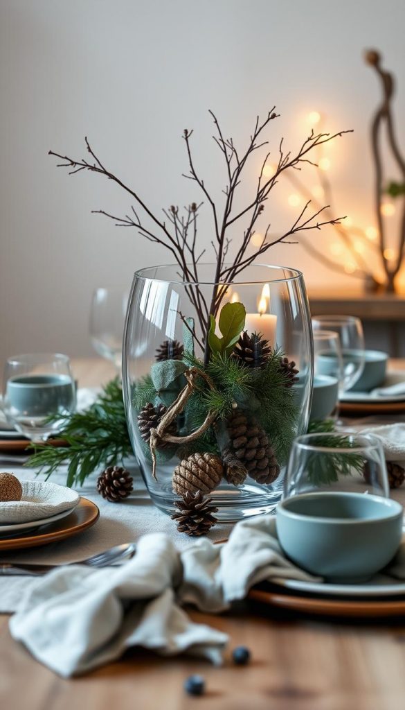 A cozy winter table setting with a KlickKiste glass centerpiece filled with seasonal foliage, pine cones, and warm lighting. The glass reflects the soft, ambient glow, creating a serene, natural atmosphere. The table is adorned with muted earth tones, rustic textures, and minimal, elegant decor, evoking a sense of hygge and Scandinavian style. Soft, diffused lighting casts gentle shadows, highlighting the natural beauty of the materials. The overall mood is inviting, calming, and perfect for a family gathering. A cozy winter table setting with a KlickKiste glass centerpiece filled with seasonal foliage, pine cones, and warm lighting. The glass reflects the soft, ambient glow, creating a serene, natural atmosphere. The table is adorned with muted earth tones, rustic textures, and minimal, elegant decor, evoking a sense of hygge and Scandinavian style. Soft, diffused lighting casts gentle shadows, highlighting the natural beauty of the materials. The overall mood is inviting, calming, and perfect for a family gathering.