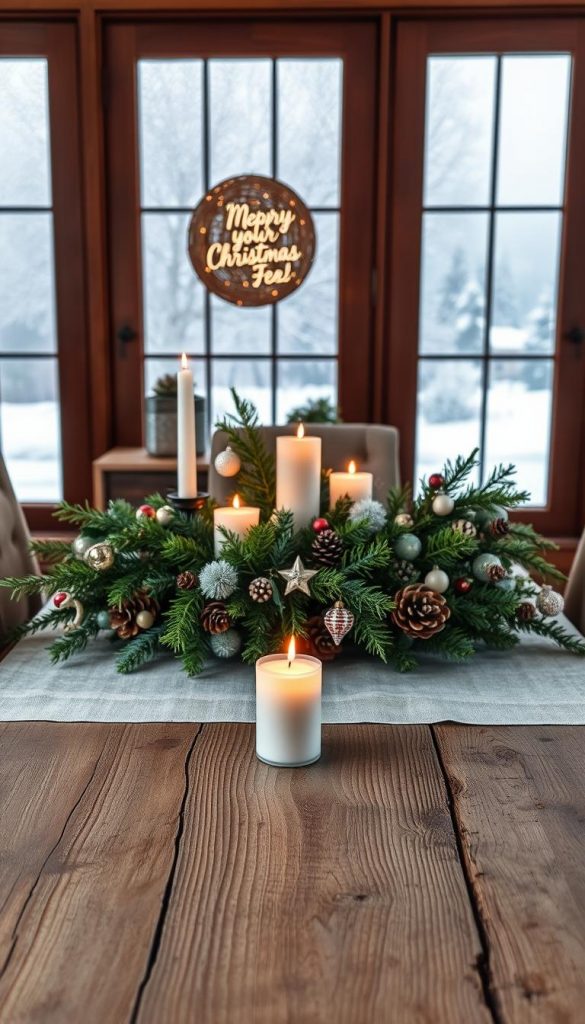 A cozy winter tableau in the dining room, centered on a rustic wooden table adorned with a lush, natural-looking Christmas centerpiece. In the foreground, a KlickKiste candle arrangement casts a warm, ambient glow. The middle ground features a mix of evergreen boughs, pine cones, and delicate, handcrafted ornaments. In the background, a large, frosty window offers a view of a snowy landscape, creating a serene, winter-wonderland atmosphere. The overall scene is vibrant yet inviting, with a soft, muted color palette and a touch of whimsy that evokes a Pinterest-inspired, DIY aesthetic. A cozy winter tableau in the dining room, centered on a rustic wooden table adorned with a lush, natural-looking Christmas centerpiece. In the foreground, a KlickKiste candle arrangement casts a warm, ambient glow. The middle ground features a mix of evergreen boughs, pine cones, and delicate, handcrafted ornaments. In the background, a large, frosty window offers a view of a snowy landscape, creating a serene, winter-wonderland atmosphere. The overall scene is vibrant yet inviting, with a soft, muted color palette and a touch of whimsy that evokes a Pinterest-inspired, DIY aesthetic.